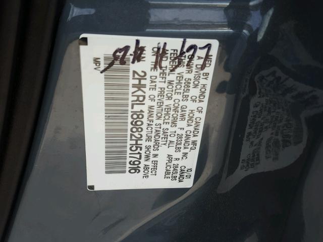 2HKRL18982H517916 - 2002 HONDA ODYSSEY EX GRAY photo 10