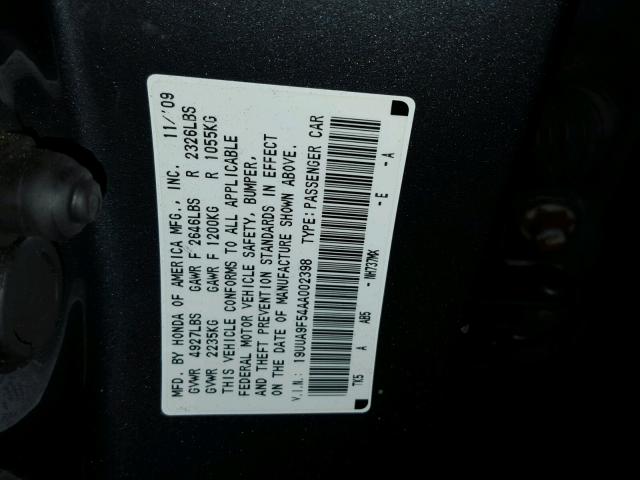 19UUA9F54AA002398 - 2010 ACURA TL GRAY photo 10