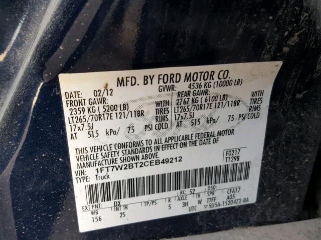 1FT7W2BT2CEB49212 - 2012 FORD F250 SUPER BLUE photo 10