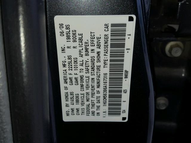 1HGCM56396A167316 - 2006 HONDA ACCORD SE BLACK photo 10