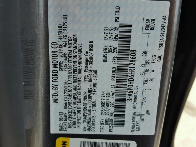 3FA6P0HD6ER128608 - 2014 FORD FUSION SE CHARCOAL photo 10