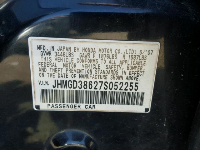 JHMGD38627S052255 - 2007 HONDA FIT S BLACK photo 10