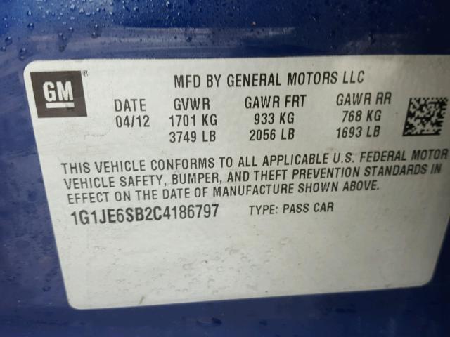 1G1JE6SB2C4186797 - 2012 CHEVROLET SONIC LTZ BLUE photo 10