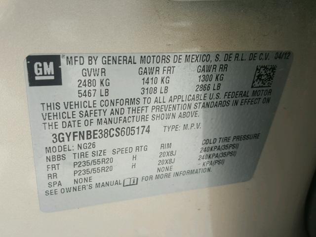 3GYFNBE38CS605174 - 2012 CADILLAC SRX PERFOR 金色 照片 10