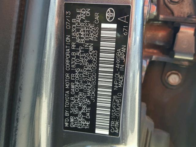 JTDKDTB32D1050503 - 2013 TOYOTA PRIUS C GRAY photo 10