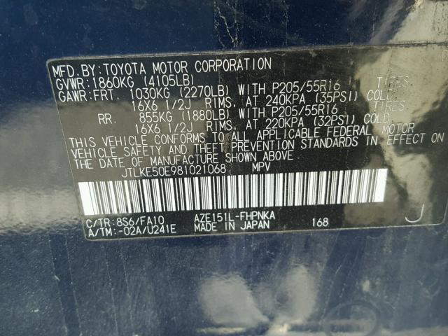 JTLKE50E981021068 - 2008 TOYOTA SCION XB BLUE photo 10