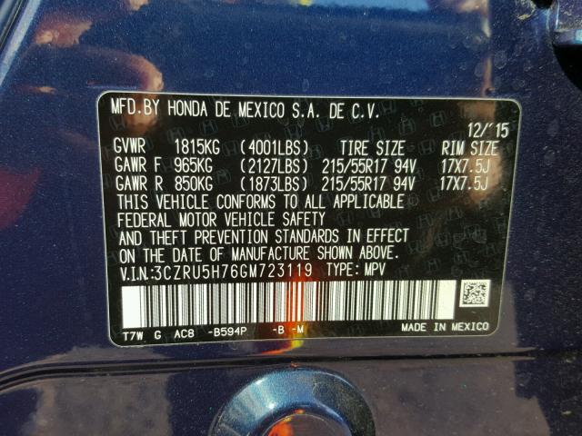 3CZRU5H76GM723119 - 2016 HONDA HR-V EXL BLUE photo 10