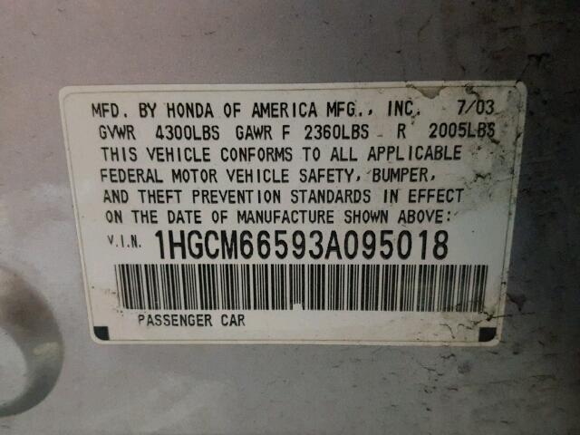 1HGCM66593A095018 - 2003 HONDA ACCORD EX SILVER photo 10