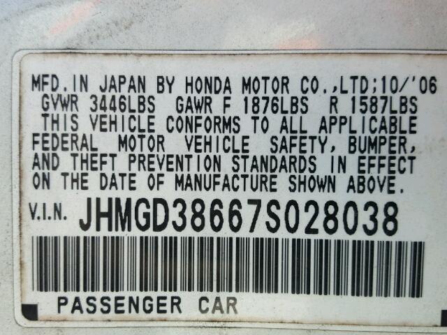 JHMGD38667S028038 - 2007 HONDA FIT S WHITE photo 10