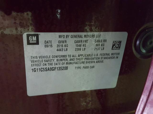 1G11C5SA8GF135208 - 2016 CHEVROLET MALIBU LIM 栗色 照片 10