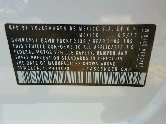 3VW2K7AJ4FM414078 - 2015 VOLKSWAGEN JETTA BASE 白色 照片 10