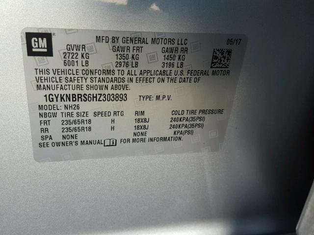 1GYKNBRS6HZ303893 - 2017 CADILLAC XT5 LUXURY SILVER photo 10