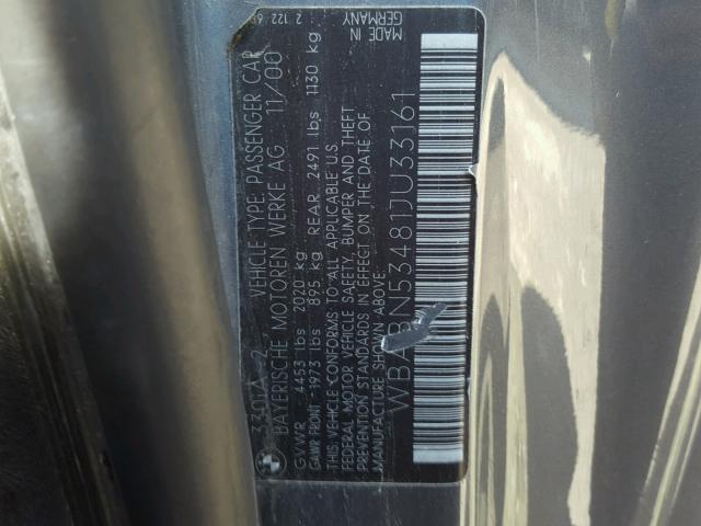 WBABN53481JU33161 - 2001 BMW 330 CI GRAY photo 10