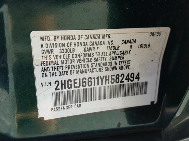 2HGEJ6611YH582494 - 2000 HONDA CIVIC BASE GREEN photo 10