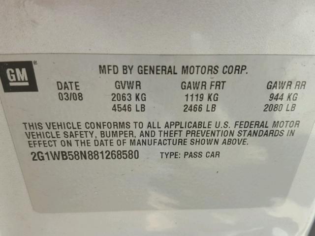 2G1WB58N881268580 - 2008 CHEVROLET IMPALA LS SILVER photo 10