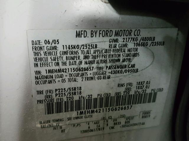 1MEHM42115G626657 - 2005 MERCURY MONTEGO PR WHITE photo 10