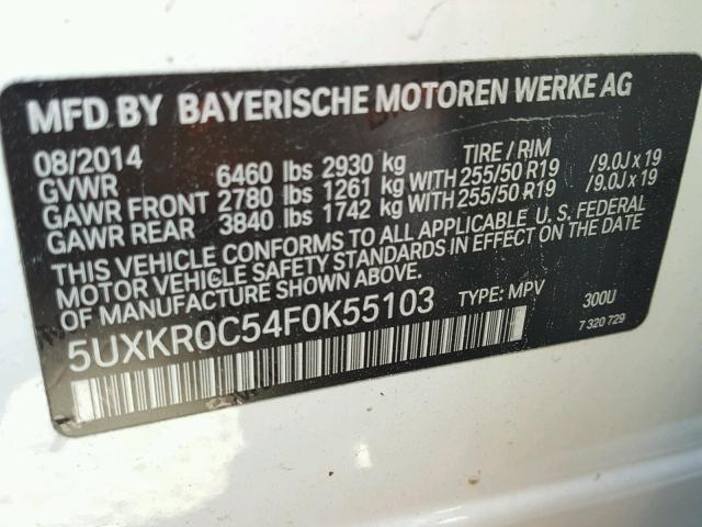 5UXKR0C54F0K55103 - 2015 BMW X5 XDRIVE3 WHITE photo 10