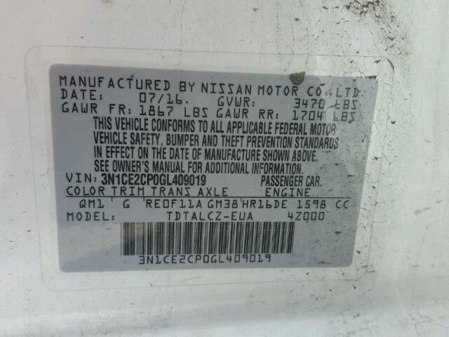 3N1CE2CP0GL409019 - 2016 NISSAN VERSA NOTE WHITE photo 10