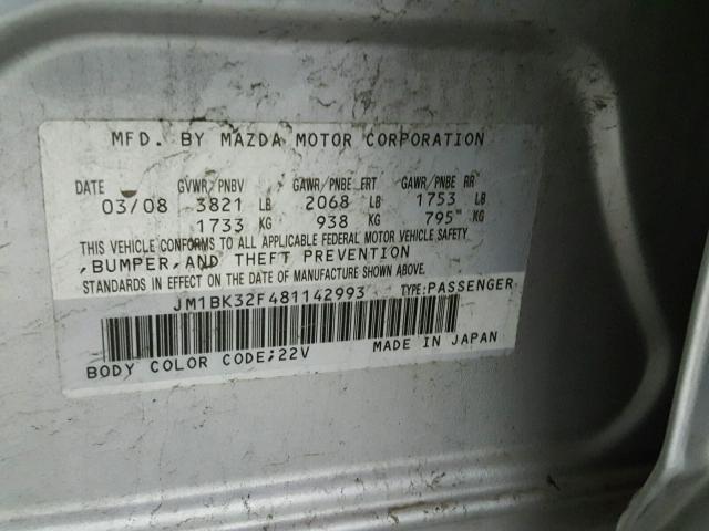 JM1BK32F481142993 - 2008 MAZDA 3 I SILVER photo 10