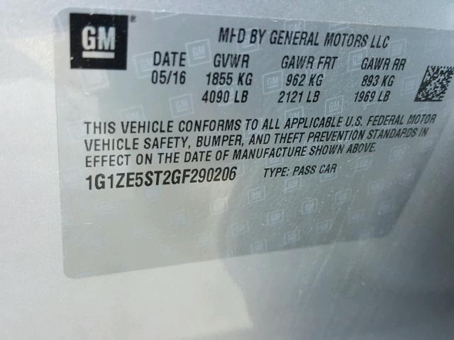 1G1ZE5ST2GF290206 - 2016 CHEVROLET MALIBU LT SILVER photo 10