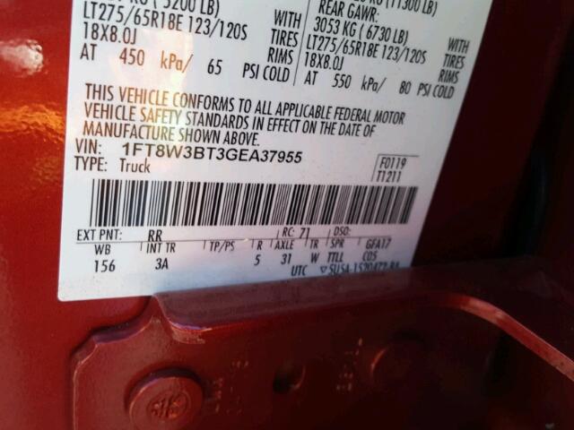 1FT8W3BT3GEA37955 - 2016 FORD F350 SUPER RED photo 10