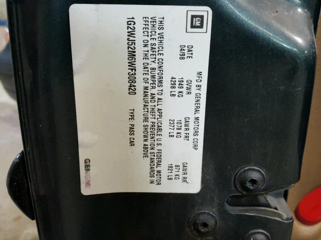 1G2WJ52M6WF308420 - 1998 PONTIAC GRAND PRIX GREEN photo 10