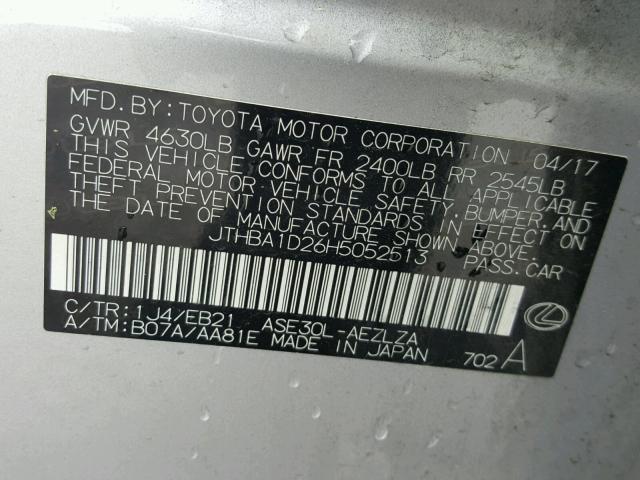 JTHBA1D26H5052513 - 2017 LEXUS IS 200T SILVER photo 10