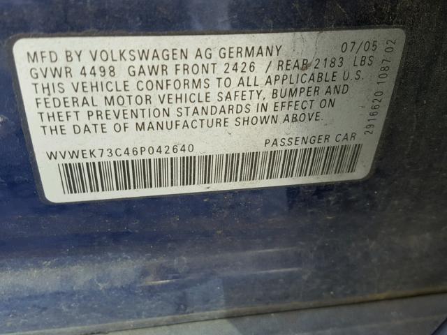 WVWEK73C46P042640 - 2006 VOLKSWAGEN PASSAT 2.0 BLUE photo 10