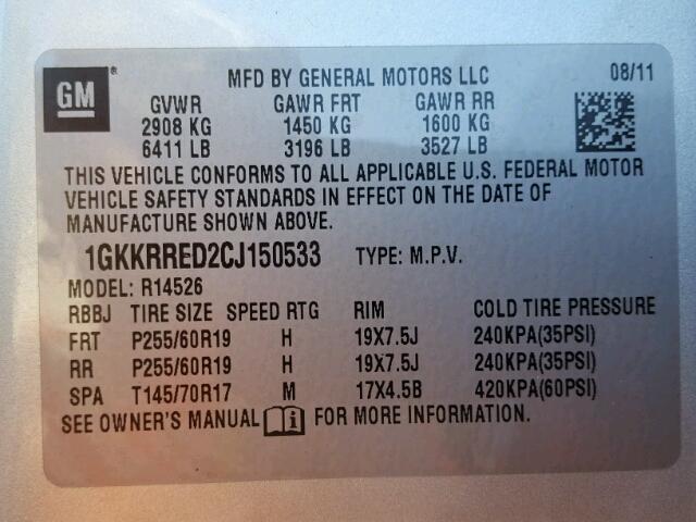 1GKKRRED2CJ150533 - 2012 GMC ACADIA SLT Gümüş foto 10