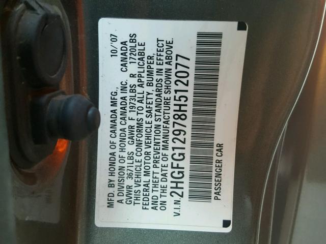 2HGFG12978H512077 - 2008 HONDA CIVIC EXL ნაცრისფერი ფოტო 10