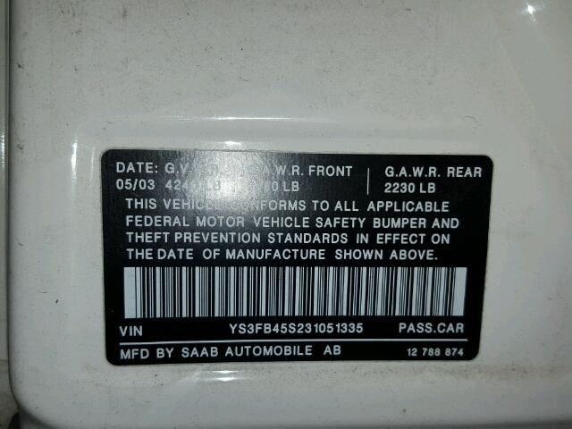 YS3FB45S231051335 - 2003 SAAB 9-3 LINEAR WHITE photo 10