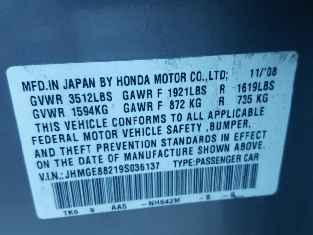 JHMGE88219S036137 - 2009 HONDA FIT SILVER photo 10