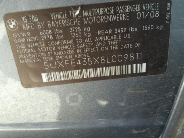 5UXFE435X8L009811 - 2008 BMW X5 3.0I GRAY photo 10