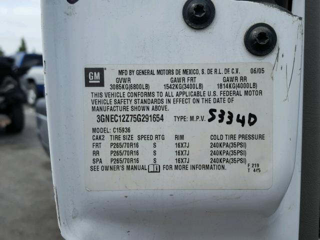 3GNEC12Z75G291654 - 2005 CHEVROLET AVALANCHE WHITE photo 10