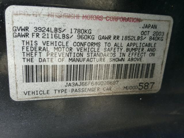 JA3AJ66F64U028687 - 2004 MITSUBISHI LANCER RAL BLACK photo 10