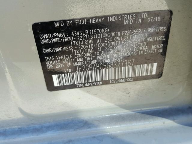 JF2GPABC5G8327367 - 2016 SUBARU CROSSTREK Бежевый фото 10