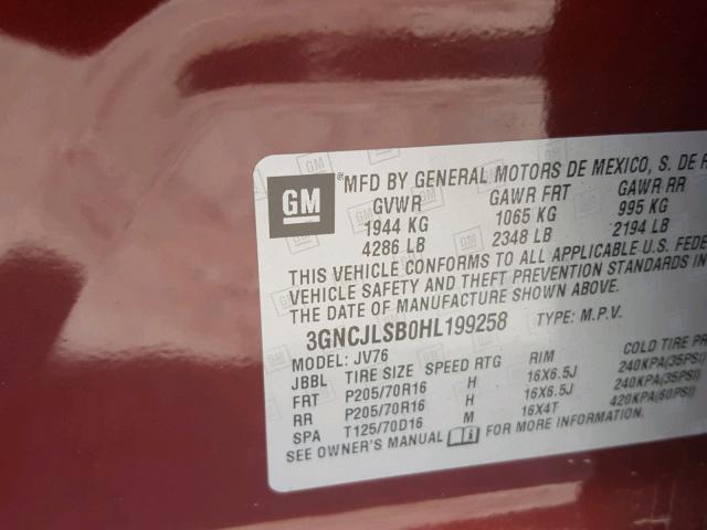 3GNCJLSB0HL199258 - 2017 CHEVROLET TRAX 1LT MAROON photo 10