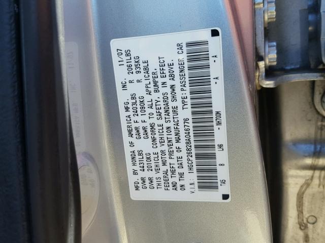 1HGCP26828A046776 - 2008 HONDA ACCORD EXL SILVER photo 10