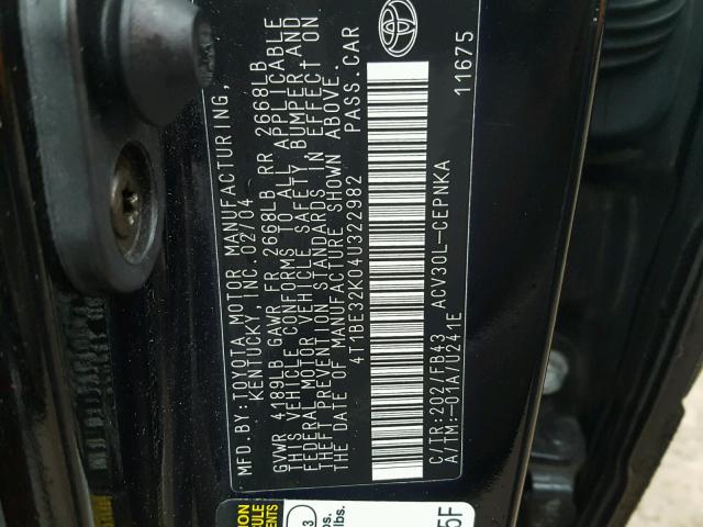 4T1BE32K04U322982 - 2004 TOYOTA CAMRY LE BLACK photo 10