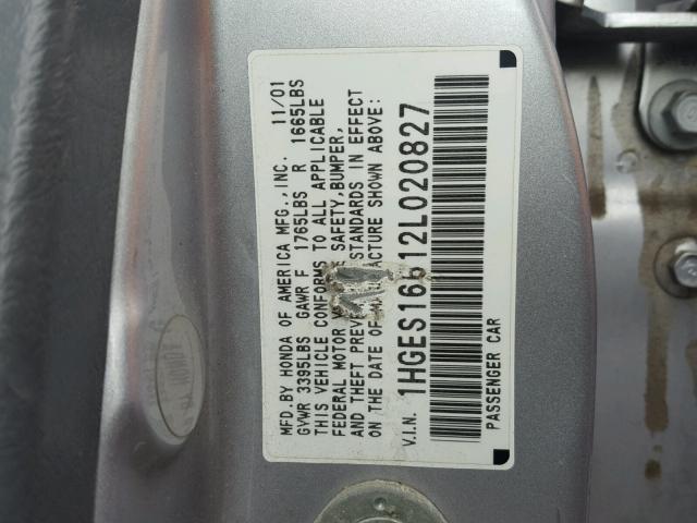 1HGES16612L020827 - 2002 HONDA CIVIC LX SILVER photo 10