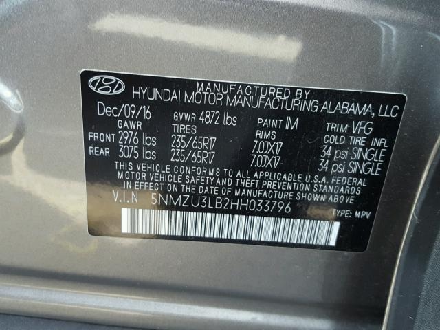 5NMZU3LB2HH033796 - 2017 HYUNDAI SANTA FE S GRAY photo 10