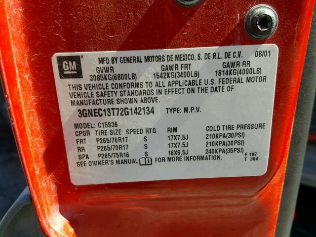 3GNEC13T72G142134 - 2002 CHEVROLET AVALANCHE RED photo 10