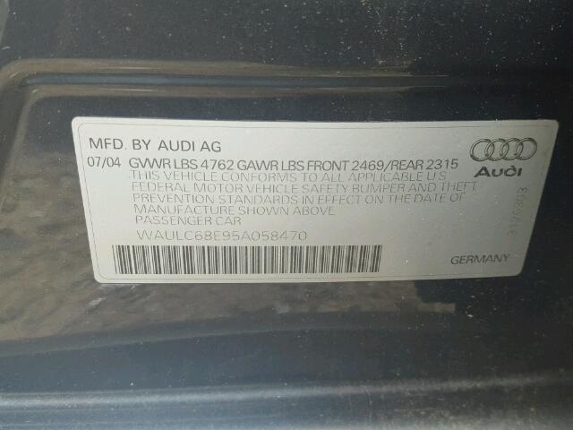 WAULC68E95A058470 - 2005 AUDI A4 1.8T QU GRAY photo 10