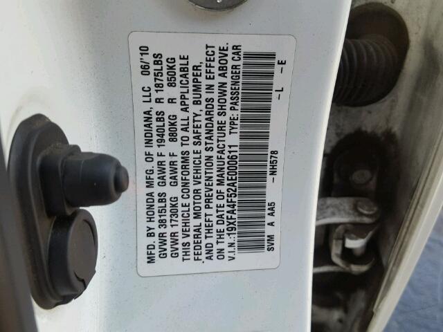 19XFA4F52AE000611 - 2010 HONDA CIVIC GX WHITE photo 10