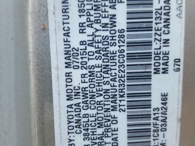 2T1KR32E23C061286 - 2003 TOYOTA MATRIX 银色 照片 10