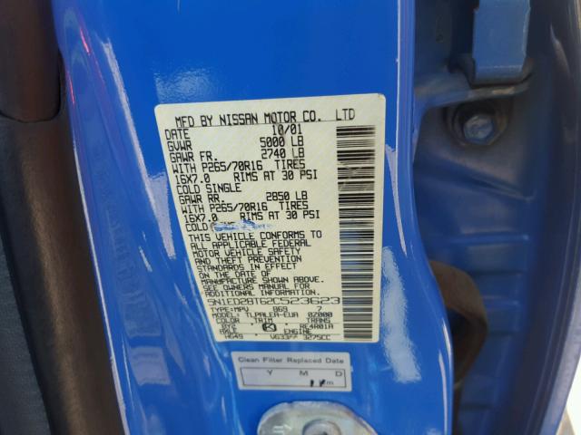 5N1ED28T62C523623 - 2002 NISSAN XTERRA XE BLUE photo 10