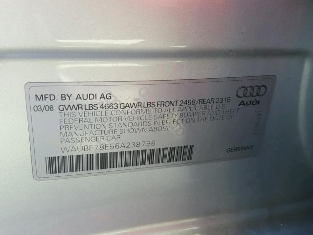 WAUBF78E56A238796 - 2006 AUDI A4 S-LINE SILVER photo 10