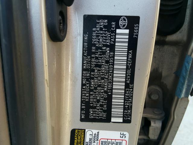 4T1BE32K24U919518 - 2004 TOYOTA CAMRY LE TAN photo 10