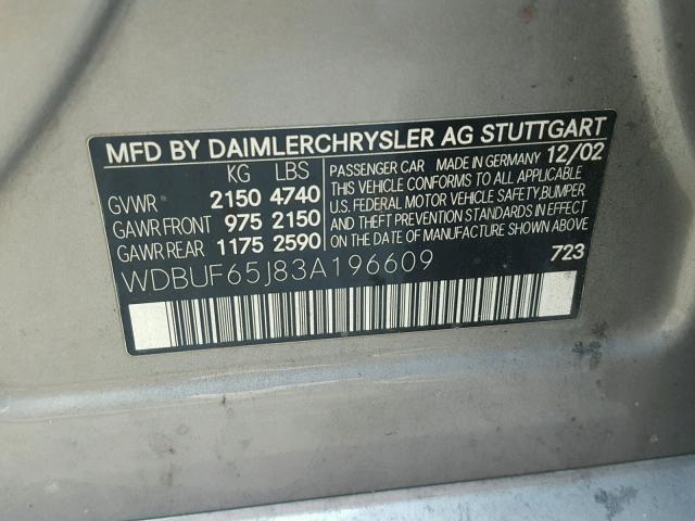 WDBUF65J83A196609 - 2003 MERCEDES-BENZ E 320 SILVER photo 10