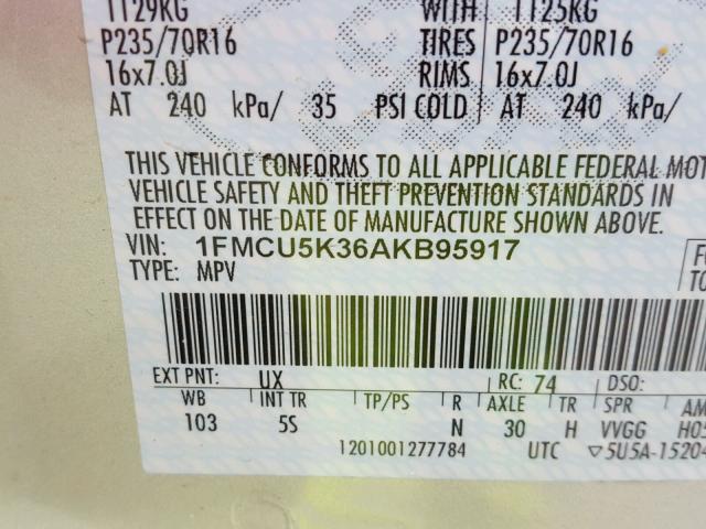 1FMCU5K36AKB95917 - 2010 FORD ESCAPE HYB SILVER photo 10